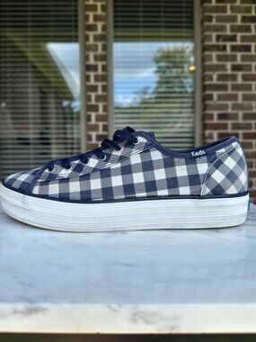 Keds Draper James Triple Kick Sneaker Navy Gingham Plaid Check Dolly Sz 10 EU 41